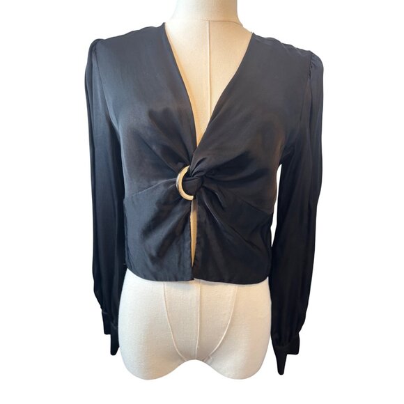 2/$30 Zara Black XS Satin Long Sleeve Gold Ring Detail Top - Picture 7 of 12